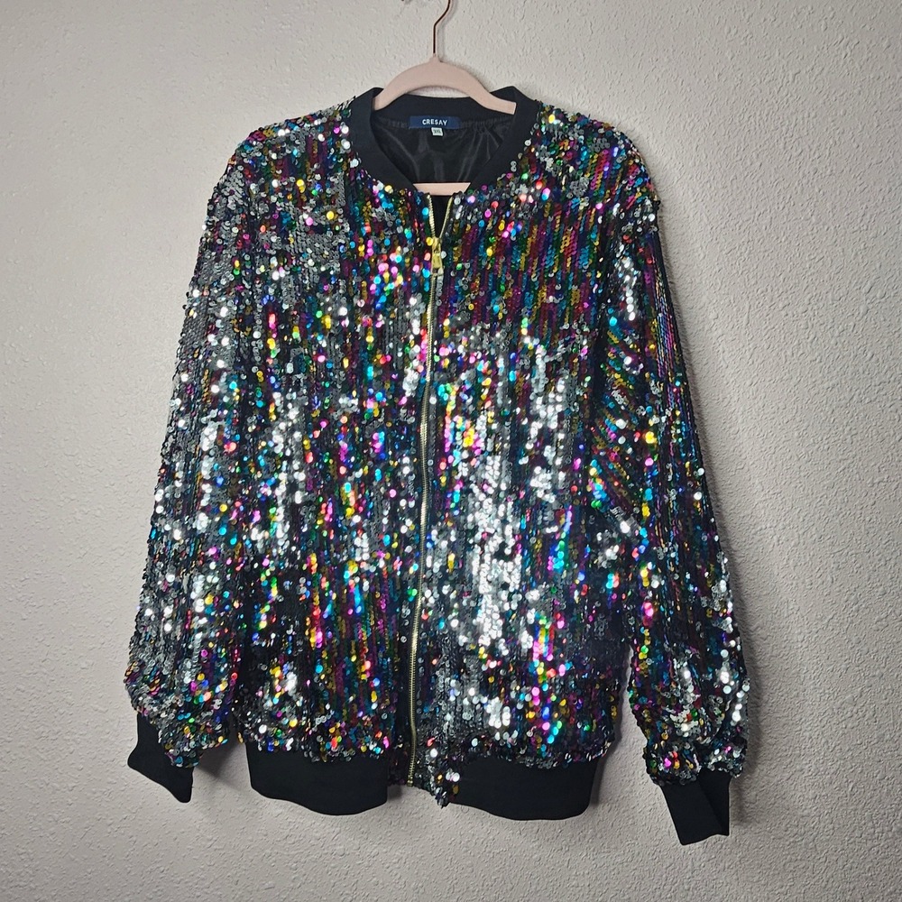 Cresay Womens 3XL‎ Sequin Bomber Jacket Multicolor Silver Sparkle Full Zip Party